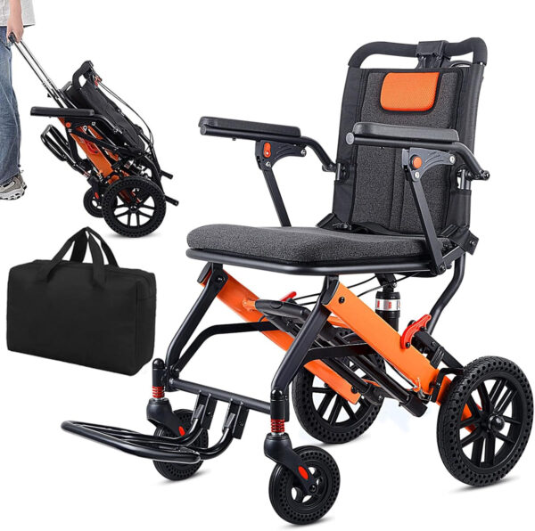 Super Lightweight Portable Transit Travel Wheelchair, Upgraded Folding Transport Wheelchairs (Weight 26.7lbs) for Adults and Seniors, Come with Telescopic Handle and Travel Bag