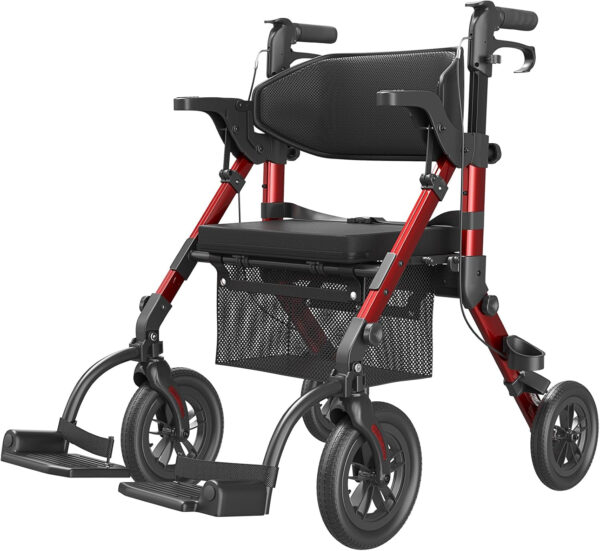 Walkers for Seniors, Wheelchairs for Adults, Rollator Walker with Seat, 2 in 1 Rollator Transport Chair with Brakes, Rolling Walker Lightweight Foldable, Walker Wheelchair Combo Z51-2024 New