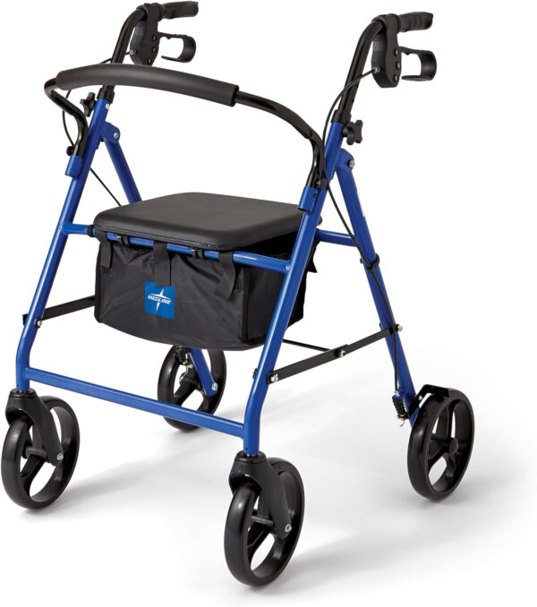 Medline Steel Rollator Walker for Adult Mobility Impairment, Blue, 350 lb. Weight Capacity, 8” Wheels, Foldable, Adjustable Handles, Rolling Walker for Seniors