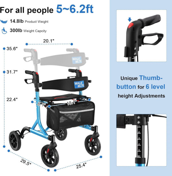 Rollator Walker for Seniors with Cup Holder, Upgraded Thumb Press Button for Height Adjustment, 4 x 8 Wheels Walker with Seat Padded Backrest Folding Lightweight Walking Aid, Blue