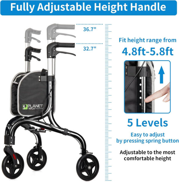 Planetwalk Premium 3 Wheel Rollator Walker for Seniors – Ultra Lightweight Foldable Walker for Elderly, Aluminum Three Wheel Mobility Aid, Black