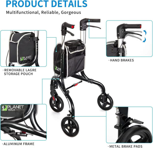 Planetwalk Premium 3 Wheel Rollator Walker for Seniors – Ultra Lightweight Foldable Walker for Elderly, Aluminum Three Wheel Mobility Aid, Black