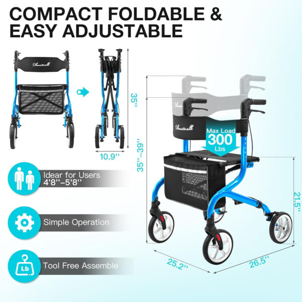 Super Lightweight Rollator Walker for Seniors, Foldable Rolling Walker with Seat and 8″ Rubber Wheels for All Terrain, Unique Design Aluminium Frame Sturdy Walkers for Traveling – Blue