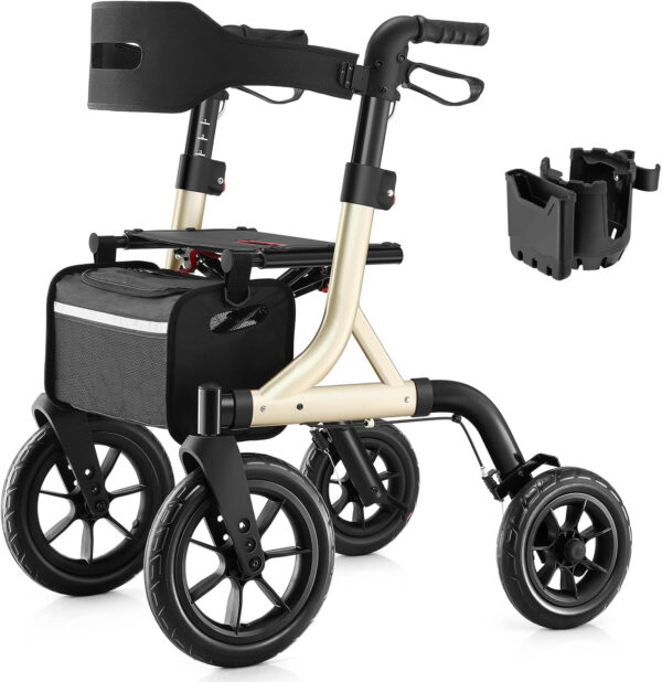 Walkers for Seniors, Rollator Walker with Seat, 12″ Big Rubber Wheels All Terrain Rollator Walker with Backrest, Built-in Cable, Cup Holder, Foldable and Height Adjustment for Seniors, Gold