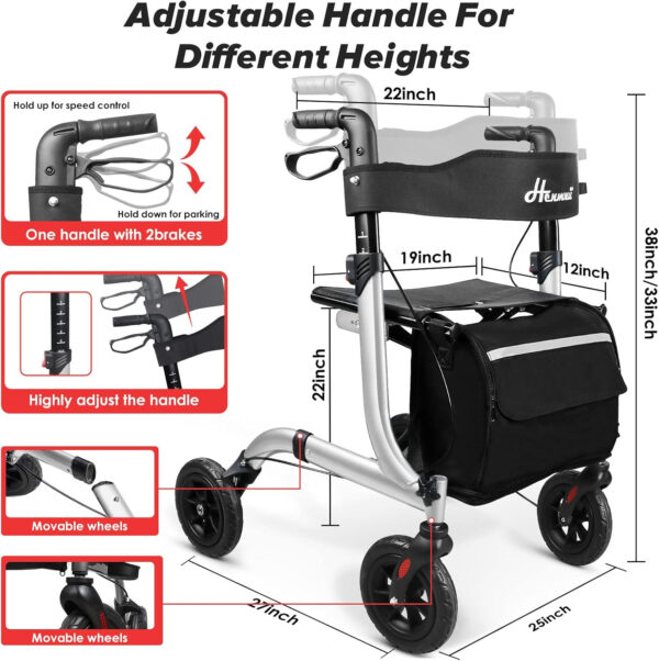 Rollator Walker for Seniors, Lightweight Foldable All Terrain Rolling Walker with seat, Aluminum Walkers with 8 inch Rubber Wheels, Handles and Backrest for Seniors and Adult