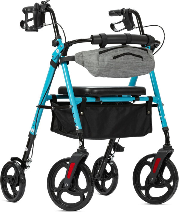 Rollator Walker with Padded Seat and Backrest with Front Storage Bag, 10” Wheels for Adults and Seniors, Light Blue