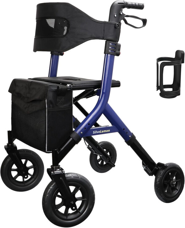 Walkers for Seniors, All Terrain Rollator Walker with Seat 350 lbs, Folding Rolling Walker with Brakes, Lightweight Walker with 10″ Big Front Wheels, Adjustable Handle and Seat Height, Fits 5’3″ ~ 7′