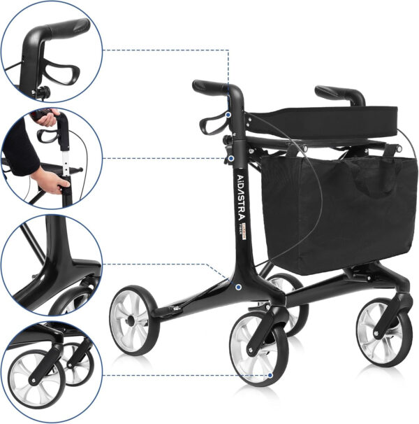 Ultralight Carbon Fiber Rollator Walkers for Seniors Lightweight at Only 12lbs, Folding Rolling Walker with Seat, Organizer Bag and 8” Wheels for Travel (Black)