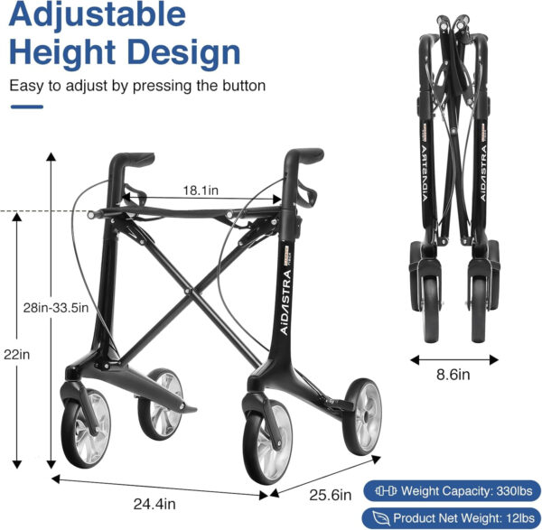 Ultralight Carbon Fiber Rollator Walkers for Seniors Lightweight at Only 12lbs, Folding Rolling Walker with Seat, Organizer Bag and 8” Wheels for Travel (Black)