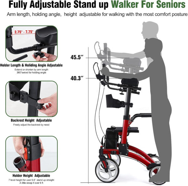 Upright Rollator Walkers for Seniors- Stand up Rolling Walker with Seats and 10″ Wheels, Padded Armrest and Backrest,Tall Rolling Mobility Aid with Basket, Foam Handle to Stand up Red