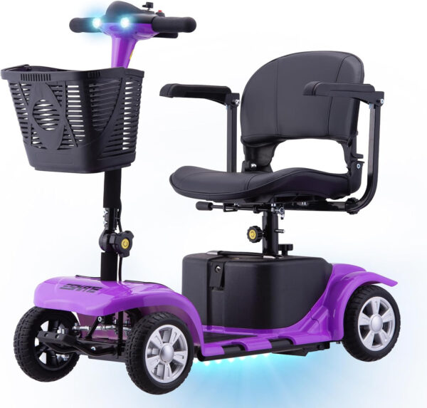 Mobility Scooter for Adults, Senior, Skmc 4 Wheels Electric Powered Chargeable Device for Travel, Lightweight and Portable, with LED Headlights and Basket, Charger Included