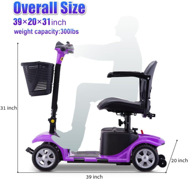 Mobility Scooter for Adults, Senior, Skmc 4 Wheels Electric Powered Chargeable Device for Travel, Lightweight and Portable, with LED Headlights and Basket, Charger Included