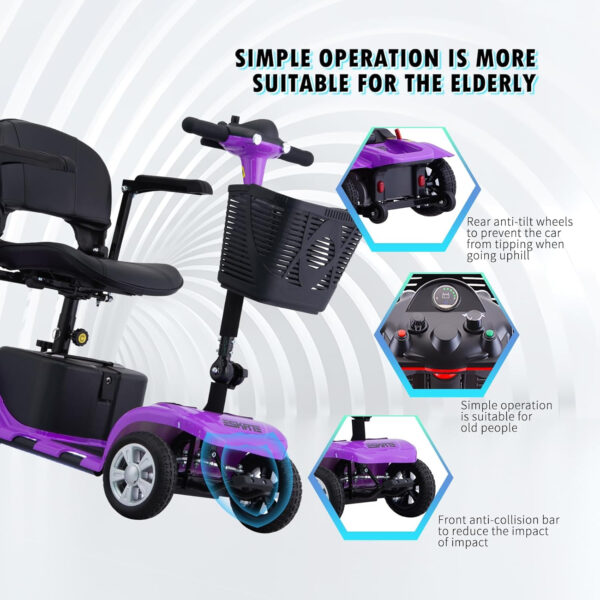 Mobility Scooter for Adults, Senior, Skmc 4 Wheels Electric Powered Chargeable Device for Travel, Lightweight and Portable, with LED Headlights and Basket, Charger Included