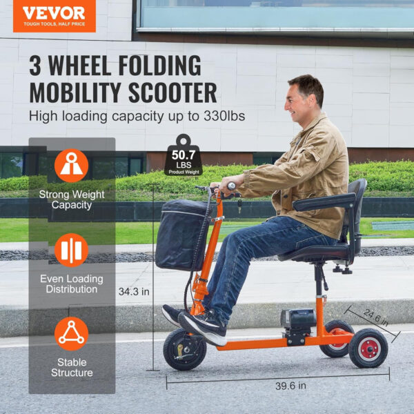 VEVOR Portable 3 Wheel Mobility Scooter for Seniors – Folding Electric Powered Mobility Scooter with 12 Mile Long Range, All Terrain Travel Wheelchair with 48V Lithium-ion Battery, Max Support 330LBS