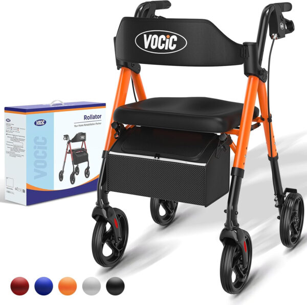 Walkers for Seniors,Foldable Walker with Seat,Rollator Walker with Durable Aluminum,8″ Big Wheels for All Terrain, Ergonomic Seat and Backrest,Dual Adjustable Height Rolling Walker| VOCIC Orange