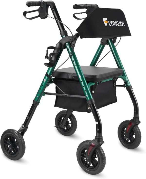 Rollator Walkers for Seniors with Seat and Brake, Lightweight Foldable Adjustable, 300 lbs Bariatric Rollator Extra Wide Backrest, All Terrain Rolling Walker for Adults 8 Inch 4 Wheels Green