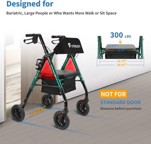 Rollator Walkers for Seniors with Seat and Brake, Lightweight Foldable Adjustable, 300 lbs Bariatric Rollator Extra Wide Backrest, All Terrain Rolling Walker for Adults 8 Inch 4 Wheels Green