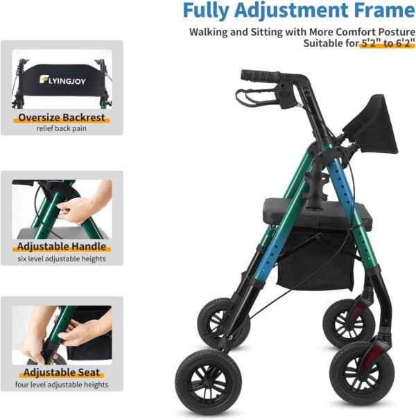 Rollator Walkers for Seniors with Seat and Brake, Lightweight Foldable Adjustable, 300 lbs Bariatric Rollator Extra Wide Backrest, All Terrain Rolling Walker for Adults 8 Inch 4 Wheels Green