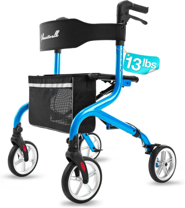 Super Lightweight Rollator Walker for Seniors, Foldable Rolling Walker with Seat and 8″ Rubber Wheels for All Terrain, Unique Design Aluminium Frame Sturdy Walkers for Traveling – Blue