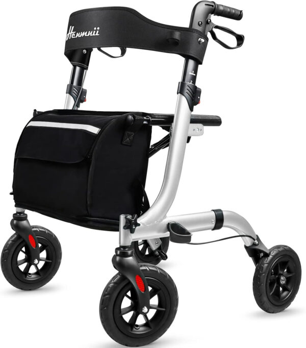 Rollator Walker for Seniors, Lightweight Foldable All Terrain Rolling Walker with seat, Aluminum Walkers with 8 inch Rubber Wheels, Handles and Backrest for Seniors and Adult