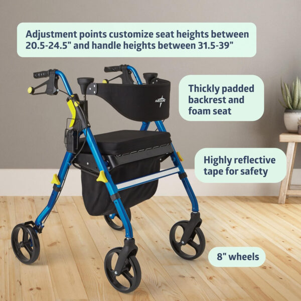 Medline Premium Empower Folding Mobility Rollator Walker with Memory Foam Seat, Black & Blue, 300 lb. Weight Capacity, 8” Wheels, Cupholder, Rolling Walker for Mobility Impairment, Adjustable Handles