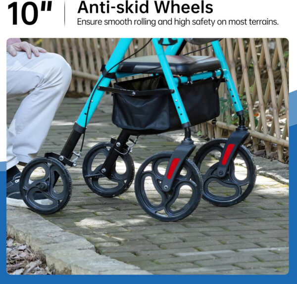 Rollator Walker with Padded Seat and Backrest with Front Storage Bag, 10” Wheels for Adults and Seniors, Light Blue