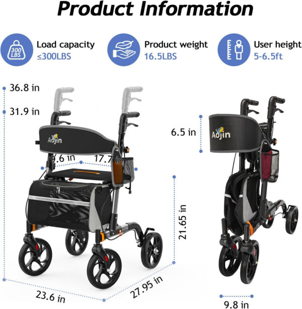 Rollator Walker for Seniors, Lightweight Foldable All Terrain Rolling Walker with seat, Aluminum Walkers with 8 inch Rubber Wheels, Handles and Backrest for Seniors and Adult (Gray)