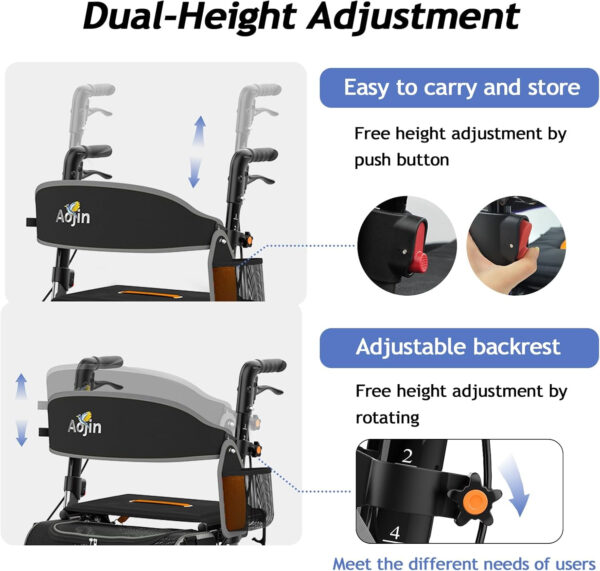 Rollator Walker for Seniors, Lightweight Foldable All Terrain Rolling Walker with seat, Aluminum Walkers with 8 inch Rubber Wheels, Handles and Backrest for Seniors and Adult (Gray)