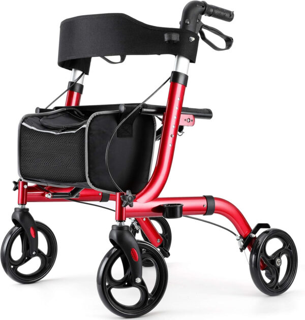 Rollator Walkers for Seniors- Rollator Walker with Seat 8″ Wheels- Easy Folding Senior Walker with Padded Backrest- Lightweight Mobility Walking Aid for Adult Elderly, Aluminum Frame, Red