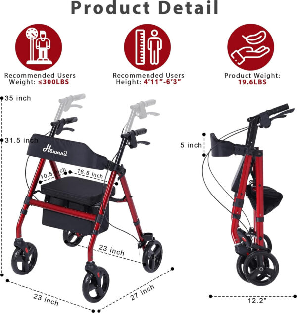 Walker for Seniors, Lightweight Rollator Walker with seat, Foldable Rolling Walker with 8 inch All Terrain Rubber Wheels, Ergonomic Adjustable Handles and Backrest for Seniors and Adult.