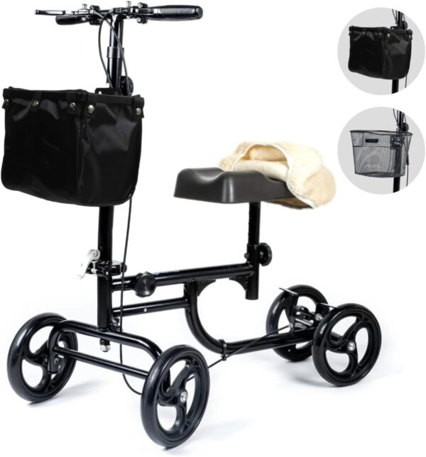 BodyMed Knee Walker for Leg and Foot Injuries with Dual Brakes, Metal Basket & Knee Pad Cover – Collapsible and Adjustable Knee Scooter, Broken Leg Caddy, Better Alternative to Crutches