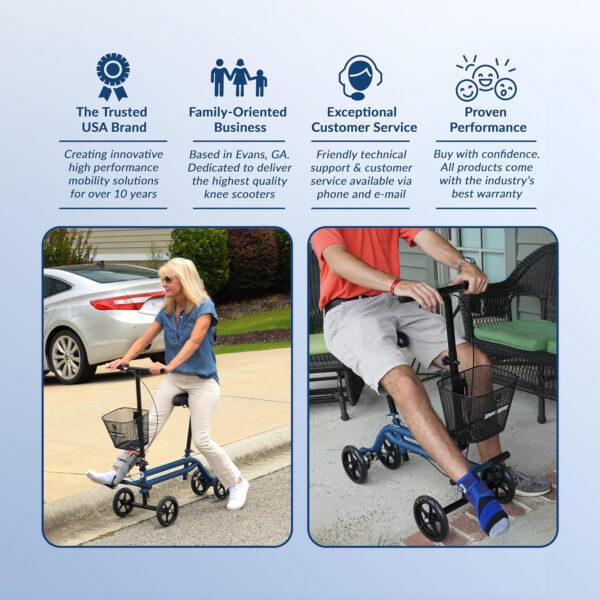 KneeRover Steerable Seated Scooter Mobility Knee Walker – Sitting Scooter with Leg Rest and Comfortable Gel Seat – Knee Walking Scooter Crutch Alternative for Leg, Ankle and Foot Injuries (Blue)