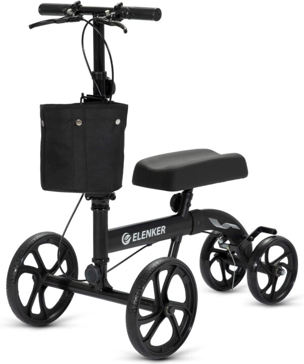 ELENKER Best Value Knee Walker with 10″ Front Wheels Steerable Medical Scooter Crutch Alternative with Dual Braking System Black