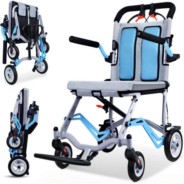 Ultra-Light Transport Wheelchair – Folding Portable Wheelchair with Hand Brake – Trolleys for Elderly Aircraft Travel