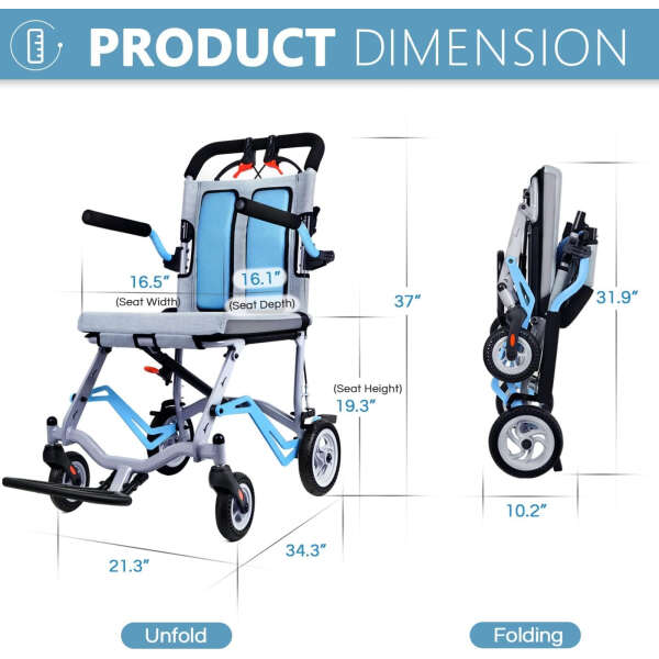 Ultra-Light Transport Wheelchair – Folding Portable Wheelchair with Hand Brake – Trolleys for Elderly Aircraft Travel