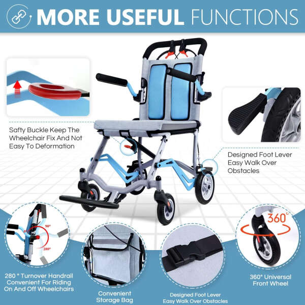 Ultra-Light Transport Wheelchair – Folding Portable Wheelchair with Hand Brake – Trolleys for Elderly Aircraft Travel