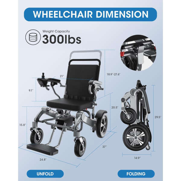 Electric Wheelchair for Adults, Lightweight Foldable Portable All Terrain Power Motorized Wheel Chair, Security & Comfortable & Designed to Last, Weight Capacity 300 lbs, 12.5 Miles Range