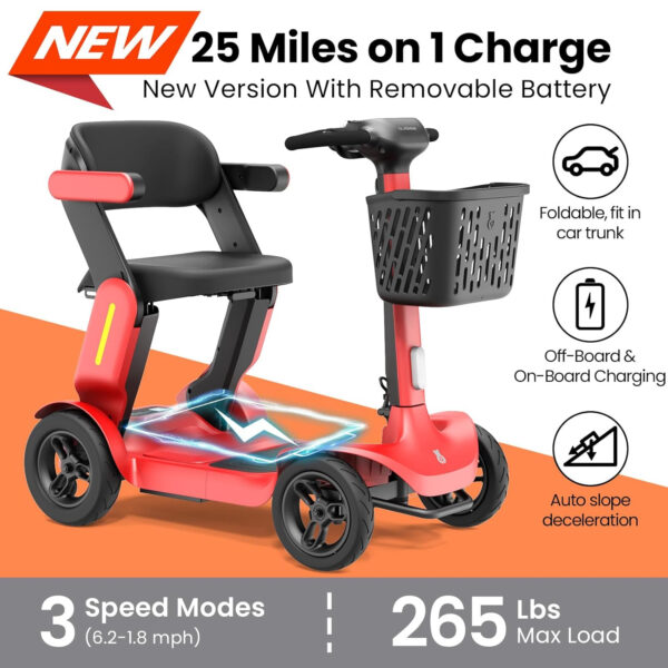 Foldable Mobility Scooter – Electric Scooter with Seat for Adults – Wheelchair Alternative – 25 Miles on 1 Charge, Enhanced Safety, Lightweight for Travel, LED, Basket, Charger Included