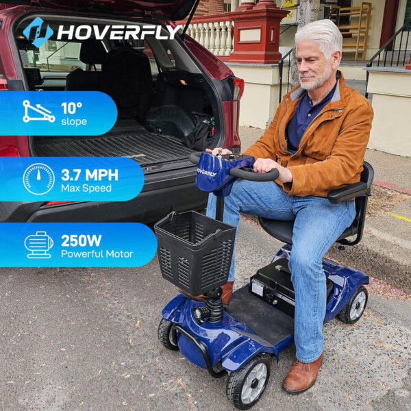 Hoverfly T4 Mobility Scooter, 4-Wheel Mobility Scooter for Adults – 12.4 Miles Range, 3.7 mph, Smart Safety Features, Removed Battery, Rotating Swivel Seat, Headlight, Basket, Charger Included Blue