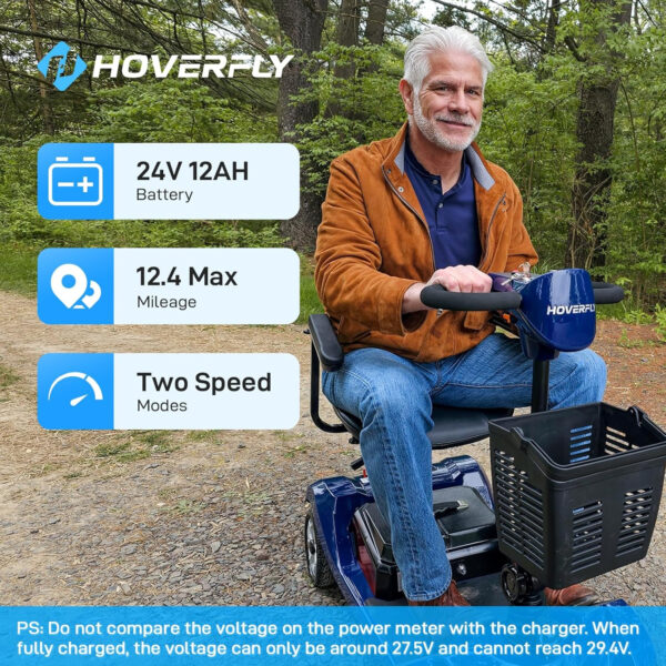 Hoverfly T4 Mobility Scooter, 4-Wheel Mobility Scooter for Adults – 12.4 Miles Range, 3.7 mph, Smart Safety Features, Removed Battery, Rotating Swivel Seat, Headlight, Basket, Charger Included Blue