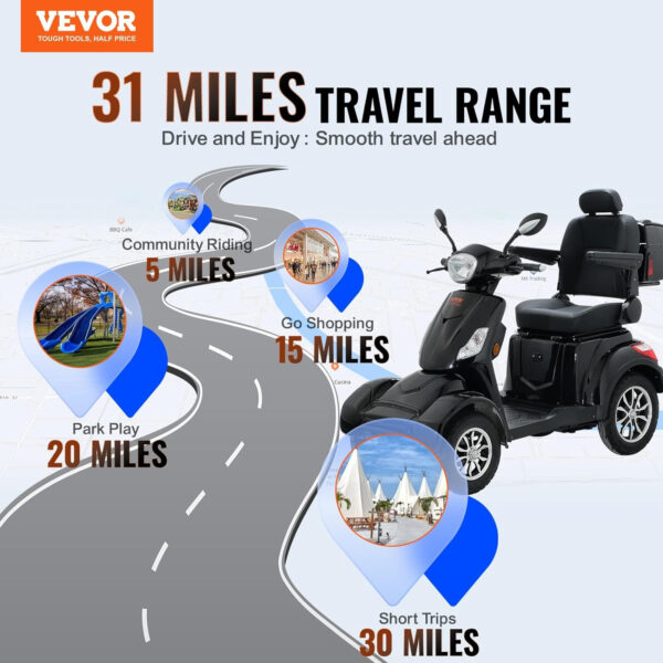 VEVOR Heavy Duty 4-Wheel Mobility Scooters for Seniors & Adults 500lbs Capacity – 31 Miles 3-Speed Long Range, 800W All Terrain Electric Recreational Scooter Wheelchair with 25° Max Climbing Capacity