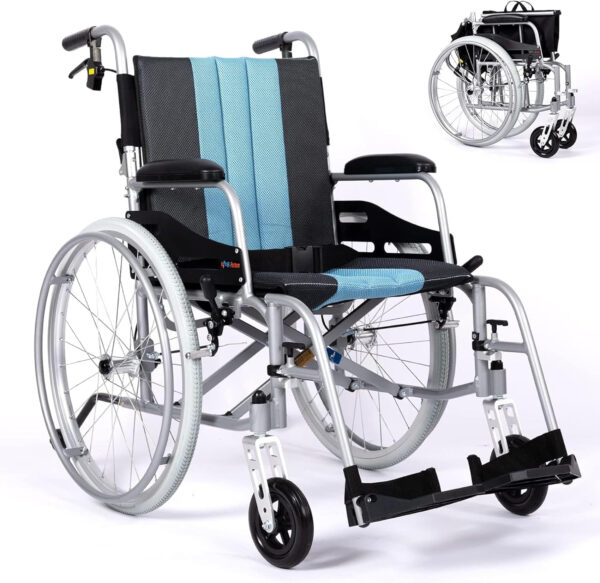 SUMELL Magnesium Lightweight Wheelchair – FSA HSA Eligible 21lbs Self propelled Chair with Travel Bag and Cushion, Portable and Folding 17.5” W Seat, Park & Brake Anti Tipper, Ultra Light, Blue