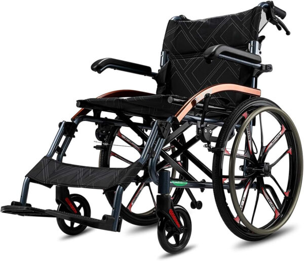 Super-Light Magnesium Alloy Self-Propelled Transport Wheelchair with Dual Brake, 18” Seat, 26lbs