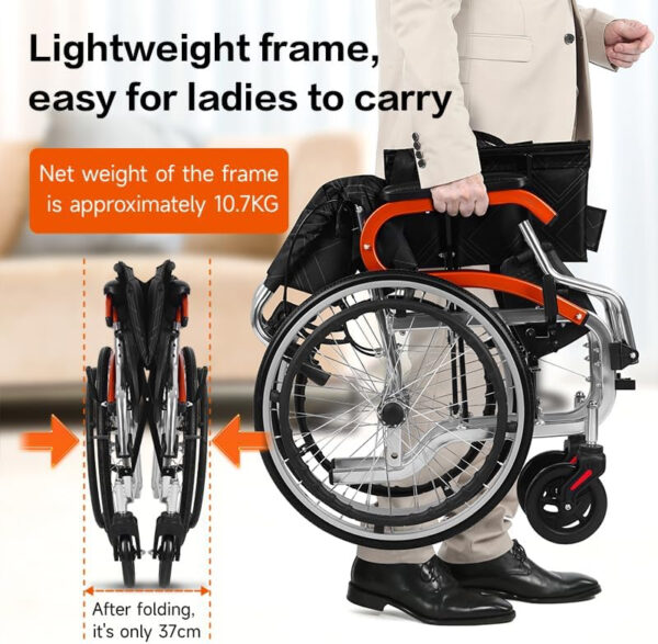 Portable Folding Wheelchair Ultra-Light Wheelchair with handbrake Self Propel Aluminium Wheelchair for The Elderly Manual Wheelchair Push Chair with 20-Inch Wheels