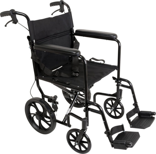 ProBasics Aluminum Transport Wheelchair With 19 Inch Seat – Foldable Wheel Chair For Transporting And Storage – 12-inch Rear Wheels For Smoother Ride, 300 LB Weight Capacity