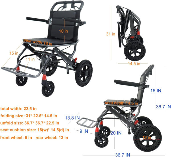 Lightweight Wheelchairs with Handbrake, Compact Wheelchair, Ultralight Folding Travel Wheelchair for Adults, 11″ Rear Wheels