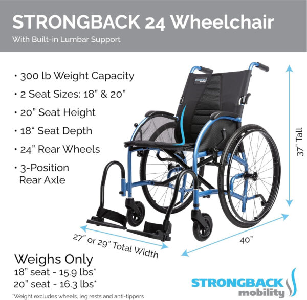 Comfort 24 Lightweight Folding Wheelchair for Seniors and Adults- for up to 300 Lbs – Transport Chair with Built-in Adjustable Lumbar Support – 18″ Seat