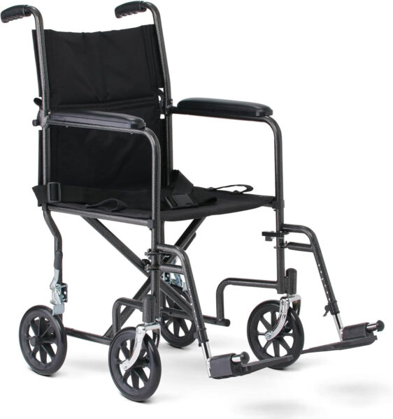 Medline Durable Folding Steel Transport Wheelchair with Swing-Away Footrests, 19-Inch Seat Width, Black Frame, Black Upholstery