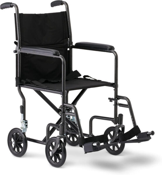 Medline Basic Steel Transport Chair, 17″ Wide Seat, Full-Length Arms, Swing-Away Footrests, 250 lb. Capacity, Black – Durable & Convenient Mobility Aid