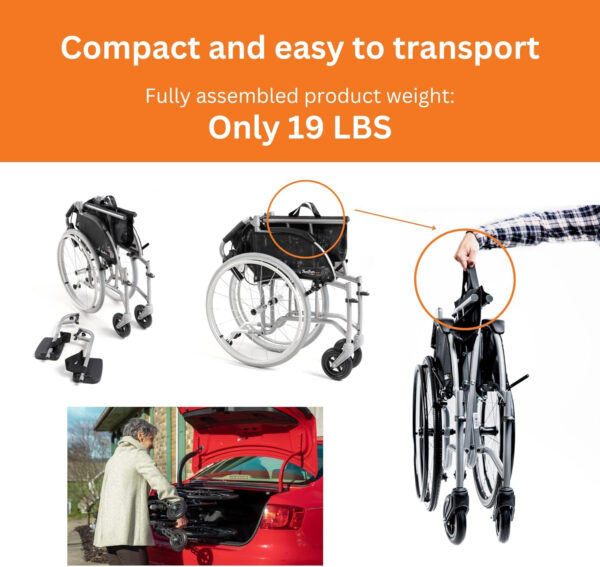 Feather Mobility – Red Cushion 13.5lb Silver Frame Lightweight Folding Wheelchair – with Swingaway Legrests, Anti-tippers, and Quick Release Wheels